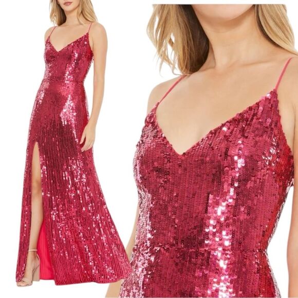 Mac Duggal Dress 8 Red Sequin Spaghetti Strap Slip Gown 10737 Red Carpet Sexy - Picture 1 of 13